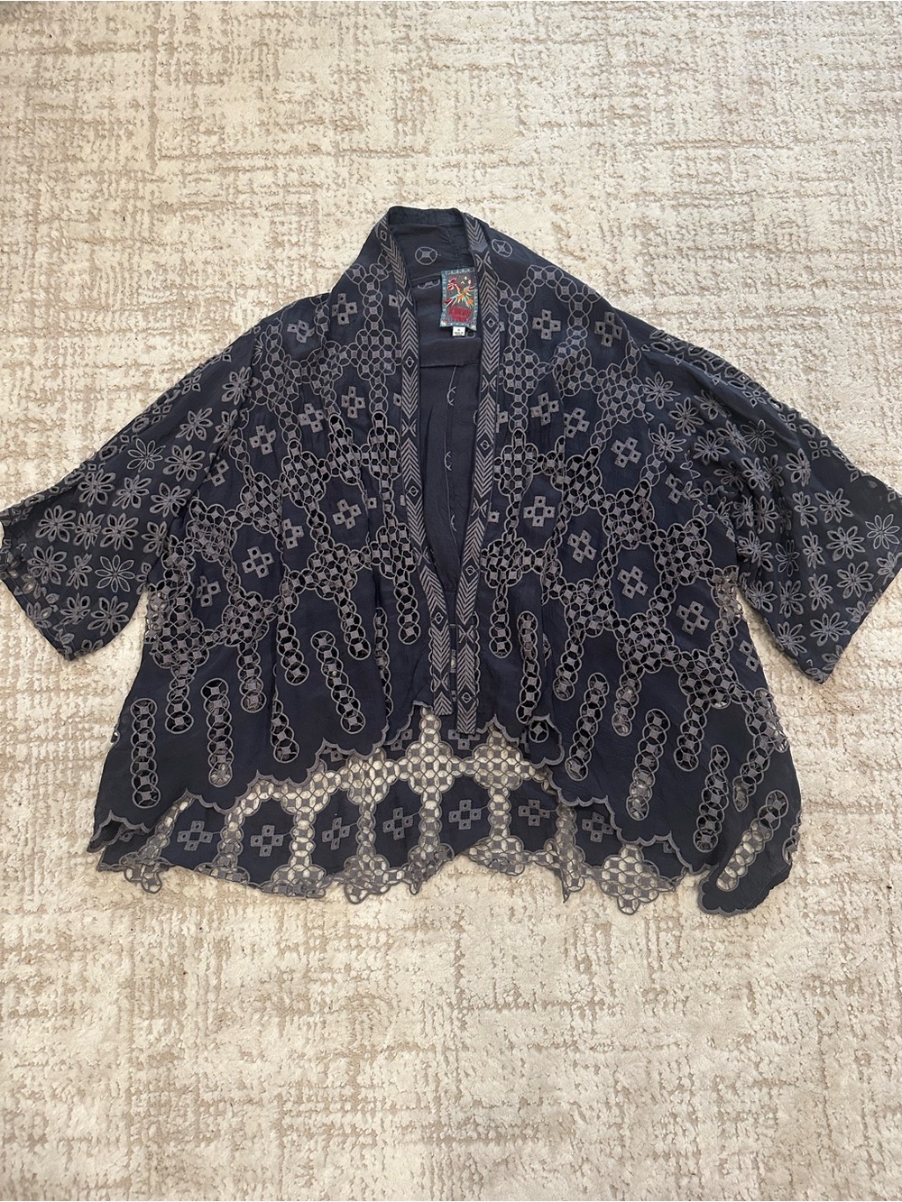 Johnny Was Embroidered Eyelet Open Front Kimono Jacket Gray Blue Size Small